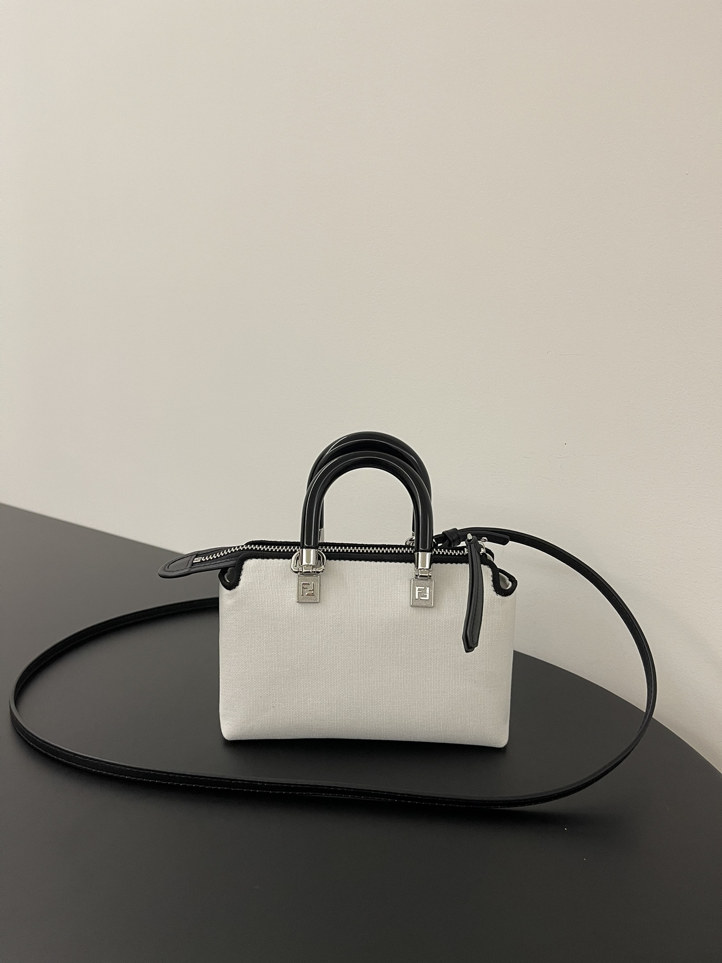 Fendi Mini By The Way Canvas Boston Shoulder Bag White